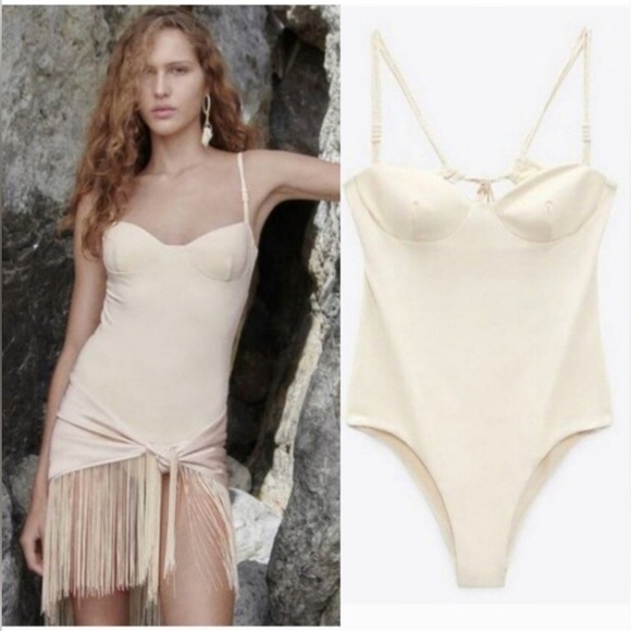 Zara Braided Straps Cream One Piece Swimsuit sz XS EXTRA small - Picture 1 of 8